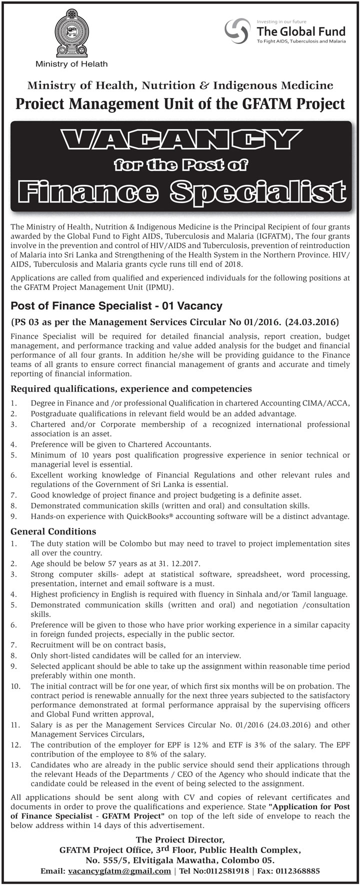 Finance Specialist - Ministry of Health, Nutrition & Indigenous Medicine 